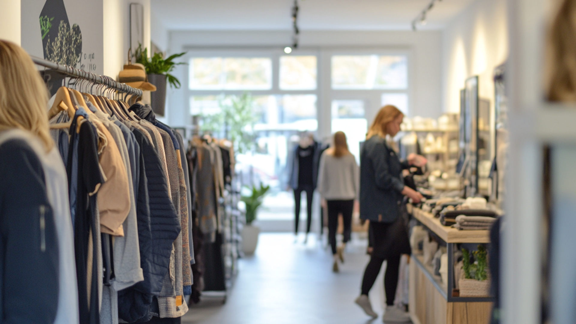 Una donna osserva abiti in un negozio di abbigliamento, esplorando le opzioni disponibili.